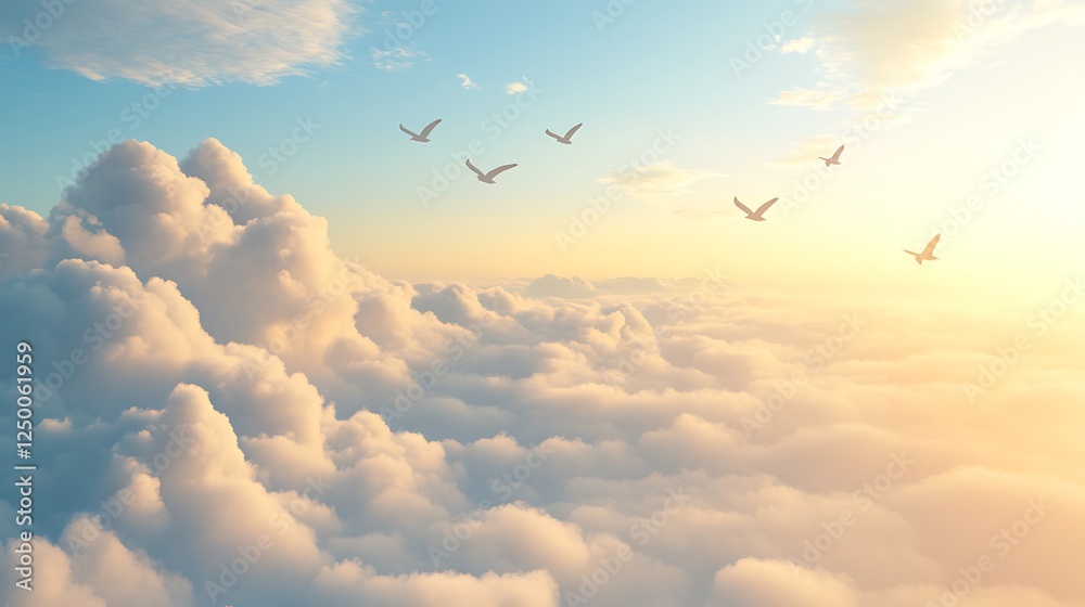 Fototapeta premium Birds fly above clouds at sunset; peaceful