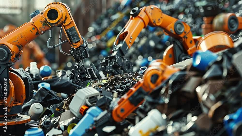 Robotic Recycling Revolution: Orange Robotic Arms Sorting Through Mountains of Plastic and Waste Robotic Recycling Revolution: Orange Robotic Arms Sorting Through Mountains of Plastic and Waste