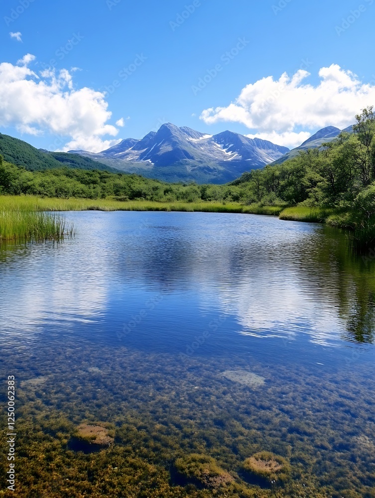 Stunning mountain landscape reflecting in a serene lake under a clear blue sky : Generative AI Stunning mountain landscape reflecting in a serene lake under a clear blue sky : Generative AI