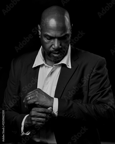 Black man in a business suit and jacket pulling on sleeve