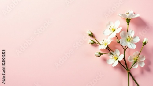Delicate White Blossoms Arranged on Soft Pink Background, Perfect for Springtime Greetings or Elegant Design Elements