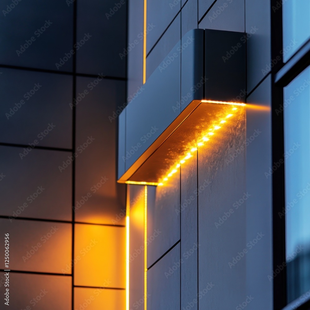 Modern building, LED lights, night, architectural detail, illuminated facade Modern building, LED lights, night, architectural detail, illuminated facade
