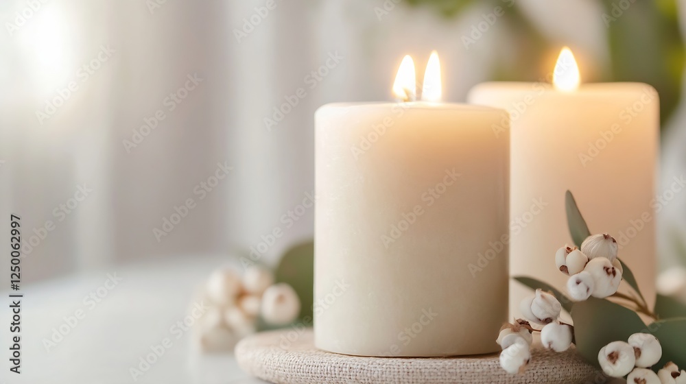 Elegant White Candles Glowing Softly with Decorative Greenery for Peaceful Ambiance : Generative AI Elegant White Candles Glowing Softly with Decorative Greenery for Peaceful Ambiance : Generative AI