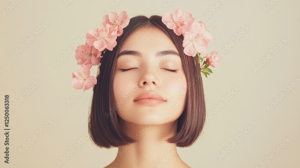 Fototapeta premium Serene woman, floral crown, studio, calm background, beauty ad