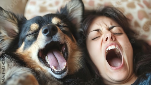 A pet owner yawning alongside their yawning dog on a lazy afternoon