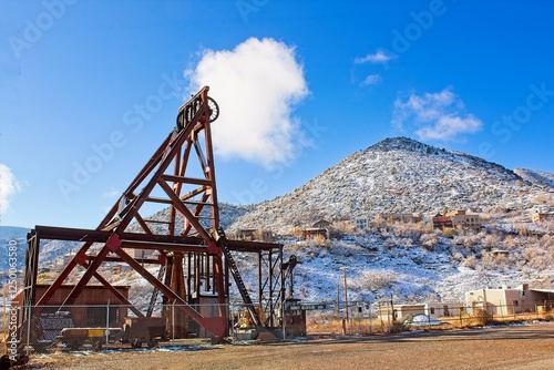 Audrey Headframe with snow on the ground in Jerome, Arizona.