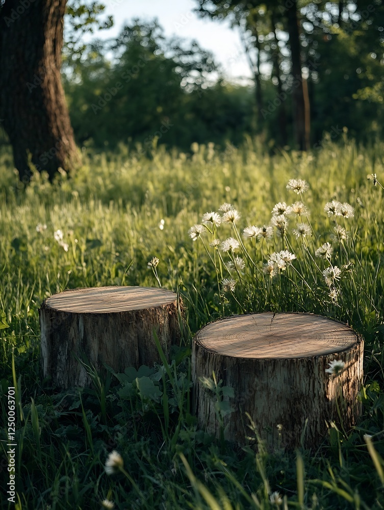 Beautiful wooden stumps in bright green grass surrounded by delicate white wildflowers : Generative AI
