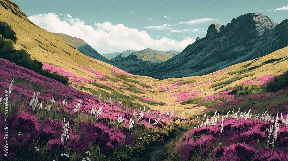 Fototapeta premium A picturesque hike through the rugged landscapes of the scottish highlands, focusing on native plant species. scottish highlands. illustration. Emotion-Driven Landscapes. Illustration