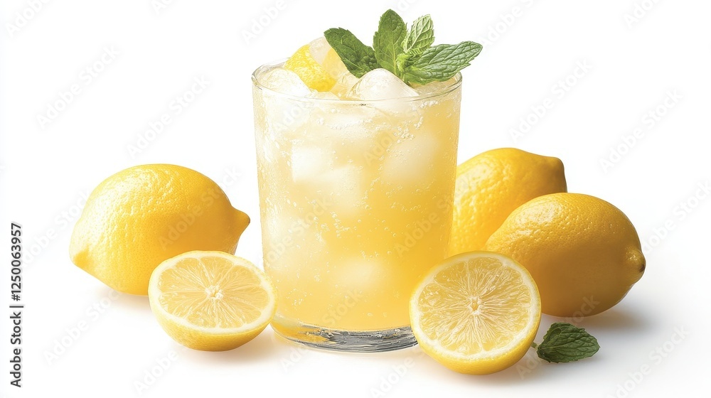 A close-up of a refreshing lemon iced drink with ice cubes, mint leaves, and lemon slices, with whole lemons placed artistically beside the glass on a white background A close-up of a refreshing lemon iced drink with ice cubes, mint leaves, and lemon slices, with whole lemons placed artistically beside the glass on a white background
