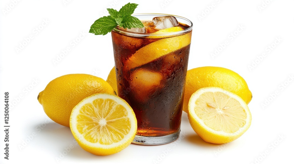 A glass of lemon iced tea, adorned with lemon slices and mint leaves, placed next to whole lemons on a smooth white background A glass of lemon iced tea, adorned with lemon slices and mint leaves, placed next to whole lemons on a smooth white background