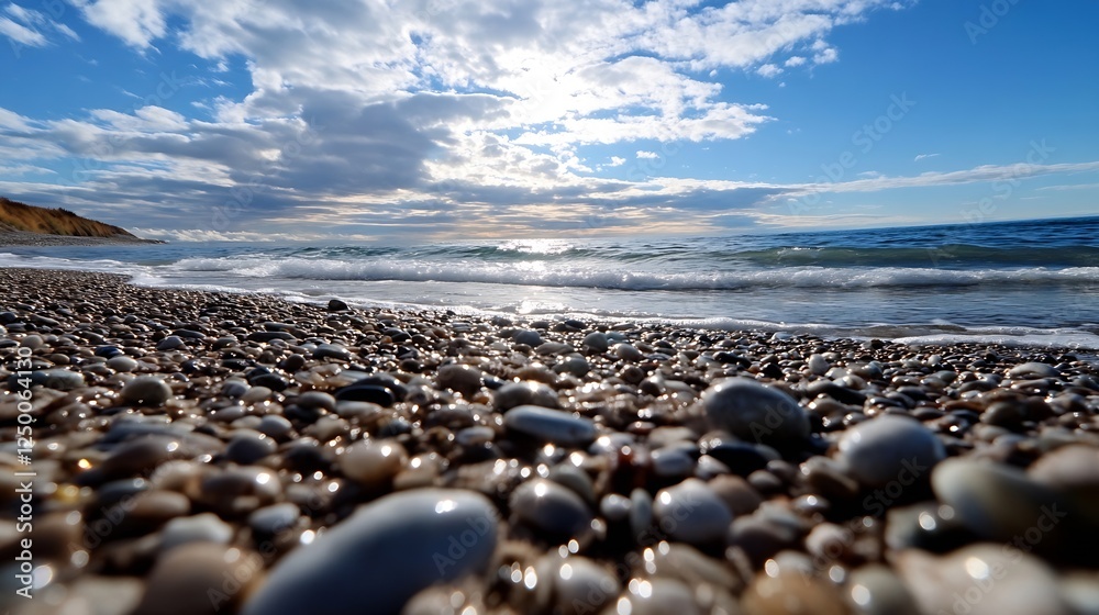 Pebbles and Shimmering Water at Beautiful Beach Under Blue Sky : Generative AI Pebbles and Shimmering Water at Beautiful Beach Under Blue Sky : Generative AI