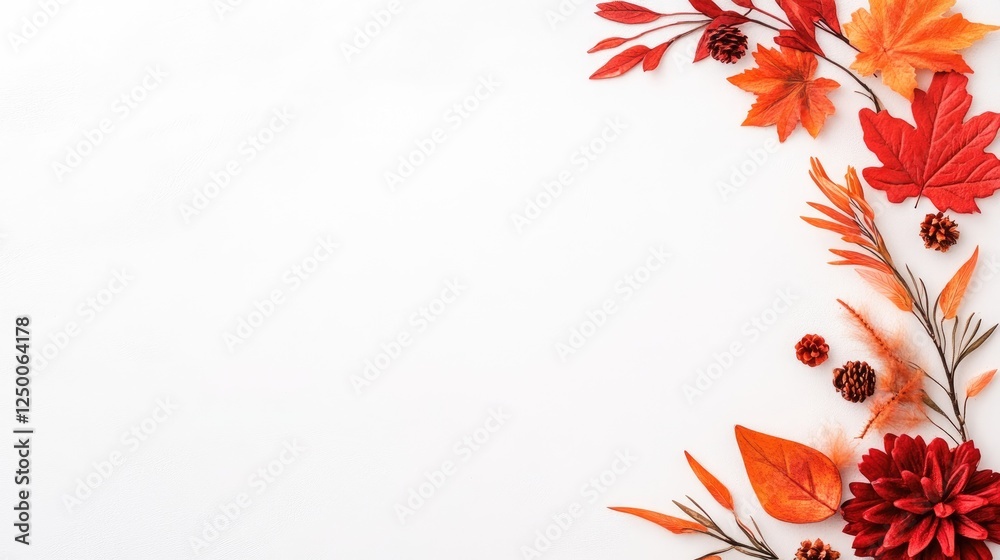Vibrant autumn leaves and decorative elements arranged on a clean white background Vibrant autumn leaves and decorative elements arranged on a clean white background
