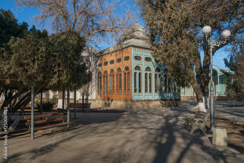 View of the Tea Pavilion of the Sitorai Mokhi Khosa Palace, the country residence of the Emir of Bukhara on a sunny day, Bukhara, Uzbekistan photo