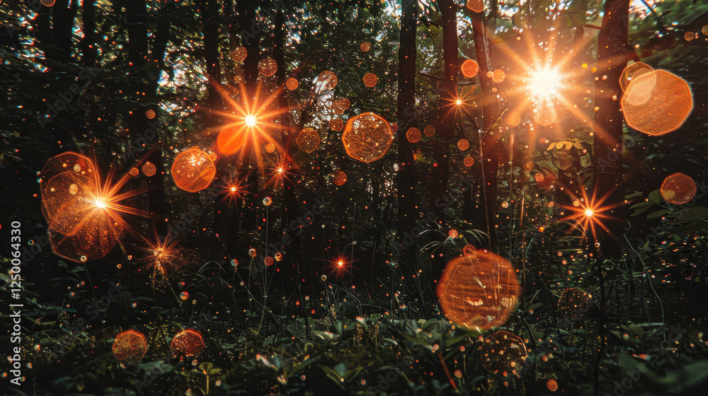 Fototapeta premium Bright light lens flares create magical atmosphere in forest scene, enhancing natural beauty and tranquility of surroundings