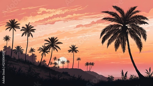 Tropical Sunset Palm Trees Silhouette Ocean View Orange Sky