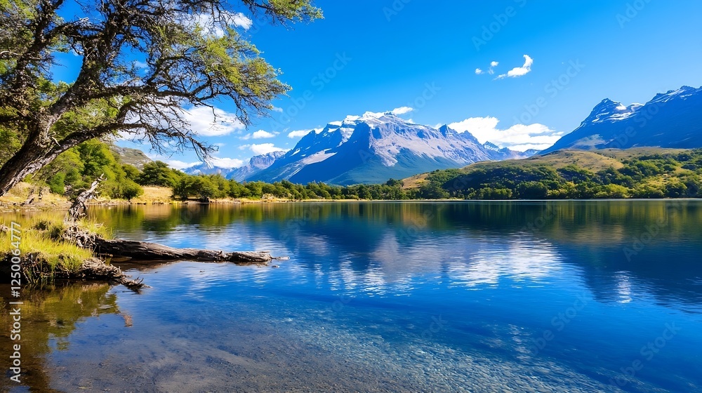 Peaceful Lake Surrounded by Majestic Mountains under Bright Blue Sky : Generative AI Peaceful Lake Surrounded by Majestic Mountains under Bright Blue Sky : Generative AI