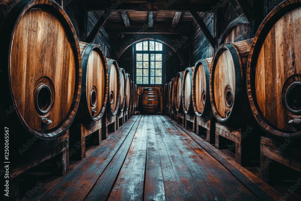 Ancient Wine Cellar: Rows of Aged Wooden Barrels in Rustic Room Ancient Wine Cellar: Rows of Aged Wooden Barrels in Rustic Room