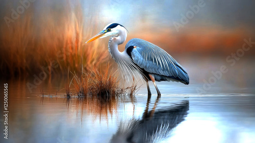 A stunning heron stands gracefully by the water, reflecting its majestic form in the serene landscape.