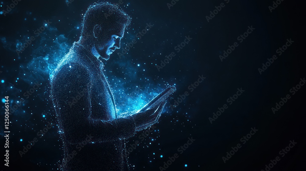 Fototapeta premium Glowing businessman using tablet, digital transformation concept.