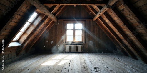 Serene Attic Space Bathed in Sunlight, Dust Motes Dancing in Golden Rays, Rustic Wooden Beams, and Aged Wood Floor