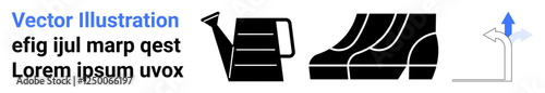 Watering can and shoes indicating nurturing and groundwork, with directional arrow symbolizing guidance. Ideal for growth, progress, movement, gardening, travel, choices decisions. Flat landing page