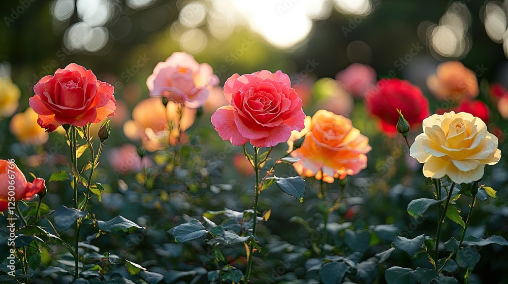 Vibrant garden of blooming roses in various colors under soft sunlight, creating a serene atmosphere Vibrant garden of blooming roses in various colors under soft sunlight, creating a serene atmosphere