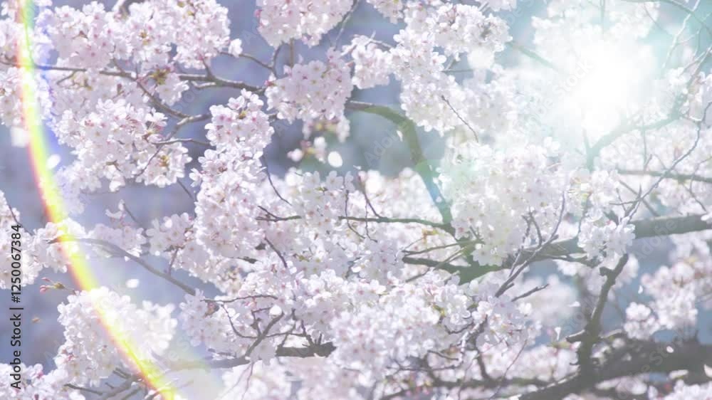春の空を望み見上げる満開の桜と空雲の背景　新年度・入学・入社・入園・卒業のイメージ 花びら舞う桜吹雪　太陽レンズフレア