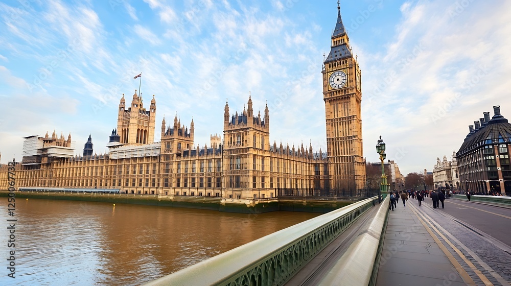 Obraz premium Iconic shot of the Palace of Westminster with Big Ben beside the River Thames in London UK : Generative AI