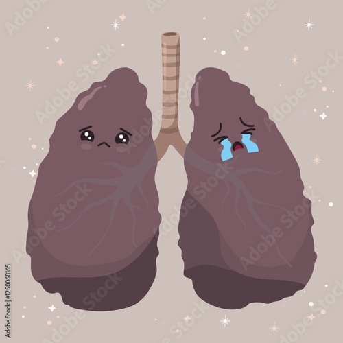 Illustration of lungs featuring a sad face lungs with a sorrowful expression, representing the emotional impact of respiratory issues or health concerns