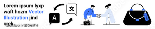 Language translation icons, two individuals exchanging items in business attire, luxury handbag close-up. Ideal for e-commerce, technology, communication, global collaboration, trade, retail flat