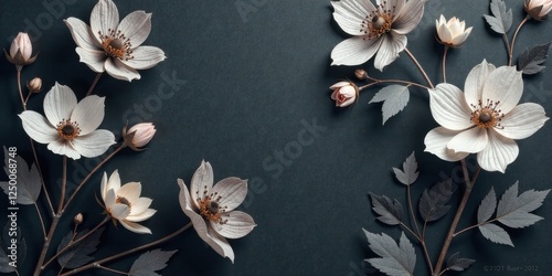 Elegant floral arrangement with delicate blossoms and dark foliage creating a serene and sophisticated composition on a dark background