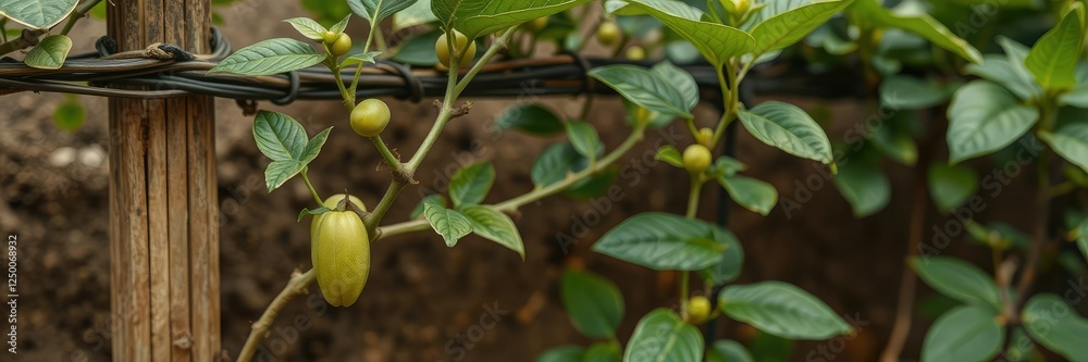 Coffee bean seedlings growing on a trellis or support, forest seedlings, coffee seedlings Coffee bean seedlings growing on a trellis or support, forest seedlings, coffee seedlings