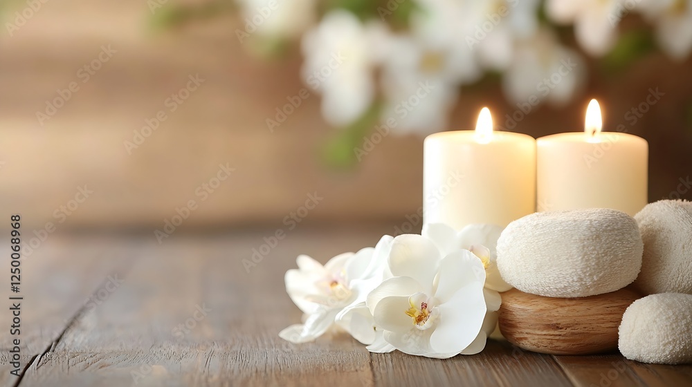 Relaxing Spa Setup with Candlelight and White Orchids on a Rustic Wooden Table : Generative AI Relaxing Spa Setup with Candlelight and White Orchids on a Rustic Wooden Table : Generative AI