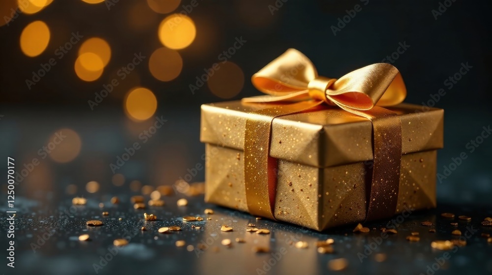 A luxurious golden gift box adorned with a shimmering ribbon, resting on a dark surface scattered with golden confetti, bathed in soft, warm light A luxurious golden gift box adorned with a shimmering ribbon, resting on a dark surface scattered with golden confetti, bathed in soft, warm light