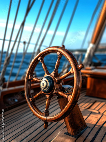 A beautifully crafted wooden ship's wheel stands ready for adventure on deck, surrounded by a serene ocean backdrop under a clear blue sky. photo