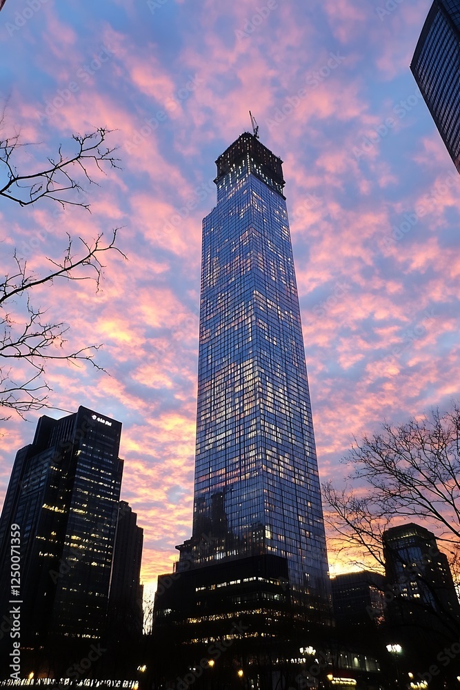 Obraz premium Stunning High Rise Building Reflecting Sunset Under Colorful Sky : Generative AI