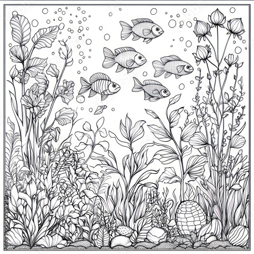 Underwater Coloring Page with Fish and Plants photo