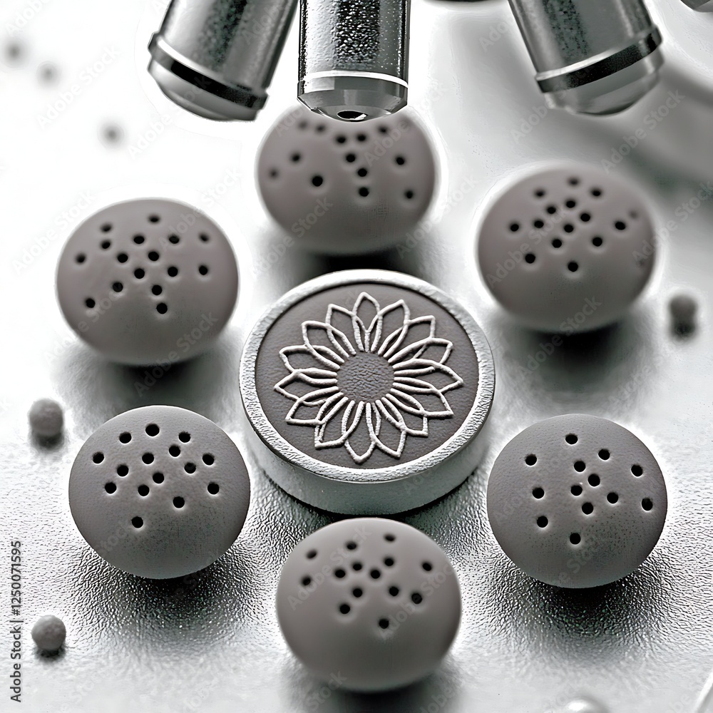 Abstract Technology Background with Perforated Discs and Central Floral Design