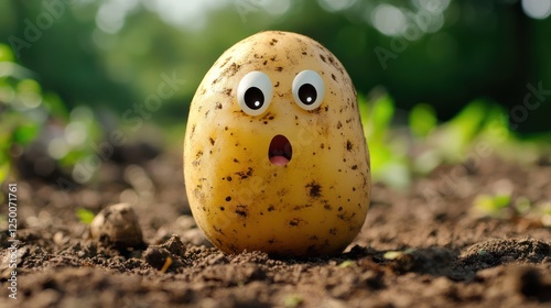 Surprised potato in garden soil.