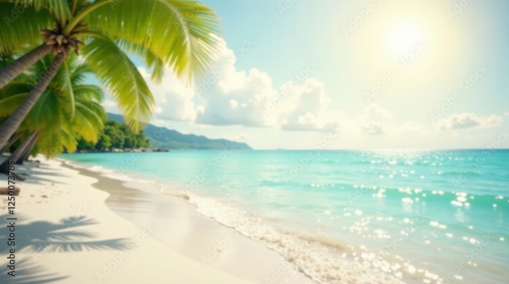 Obraz premium Serene Beachscape Palm Trees, White Sand, and Azure Ocean Under a Sunny Sky