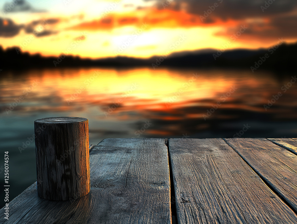 A tranquil dock scene at sunset, featuring a wooden post, smooth waters, and vibrant sky colors that create a peaceful atmosphere perfect for contemplation or relaxation. A tranquil dock scene at sunset, featuring a wooden post, smooth waters, and vibrant sky colors that create a peaceful atmosphere perfect for contemplation or relaxation.