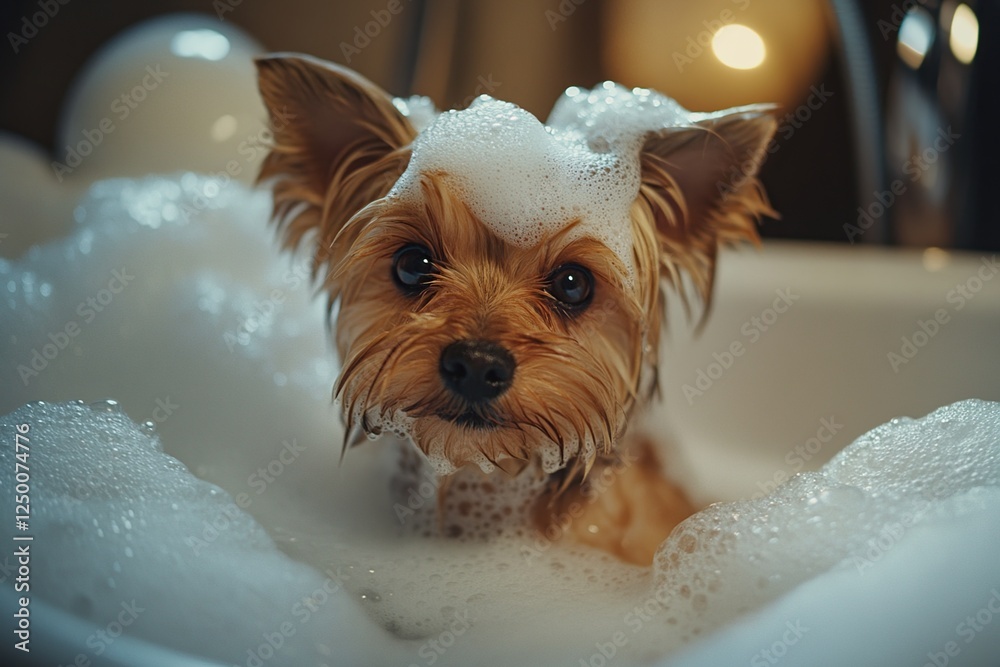 Fluffy Dog Enjoys a Relaxing Bubble Bath, Cleaning Pet Fur Gently with Shampoo, Adorable Puppy in Water Fluffy Dog Enjoys a Relaxing Bubble Bath, Cleaning Pet Fur Gently with Shampoo, Adorable Puppy in Water