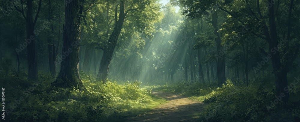 Obraz premium Sunbeams illuminate a tranquil forest path.