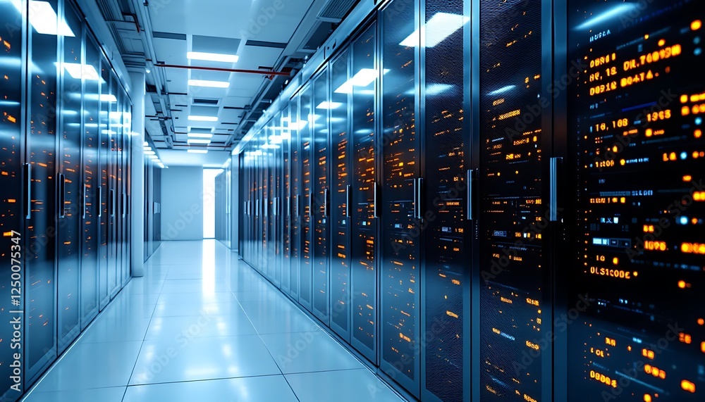 Obraz premium Sleek Server Room: A Cool Blue and Orange Digital Corridor