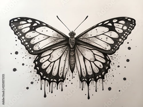 Monochrome Butterfly Ink Drawing Stippling Drip Art Insect Nature