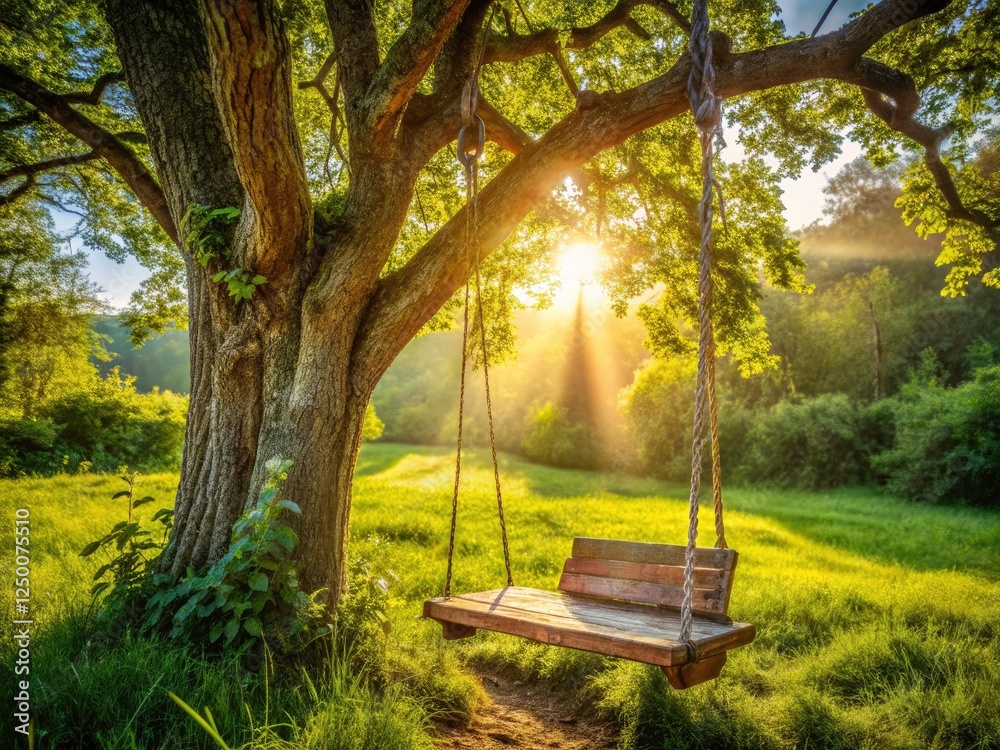 Naklejka premium A rustic wooden swing hangs idyllically amidst lush greenery, a summer scene of peace.