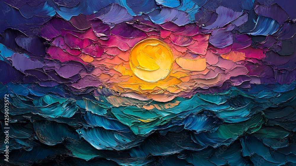Naklejka premium Impasto Sunset Vibrant Hues Textured Canvas Painting. AI Generated