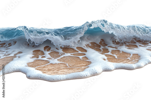 A beautiful wave crashes on a sandy beach, creating a serene coastline scene, perfect for relaxation and nature lovers seeking tranquility.