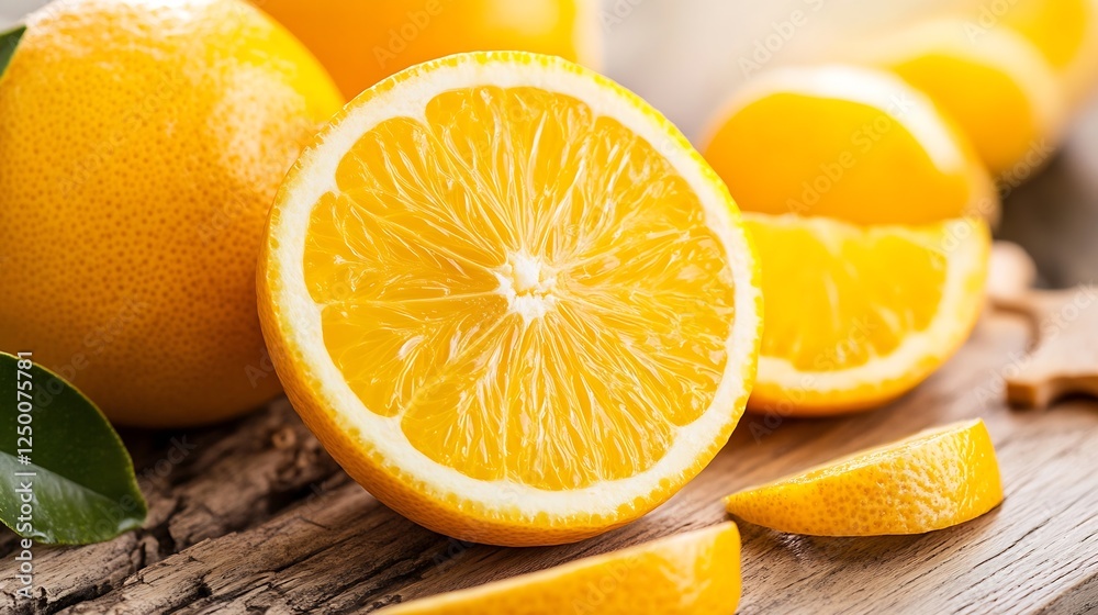 Fresh Juicy Orange Halved and Sliced Fruits Displaying Vibrant Color on Wooden Background : Generative AI Fresh Juicy Orange Halved and Sliced Fruits Displaying Vibrant Color on Wooden Background : Generative AI