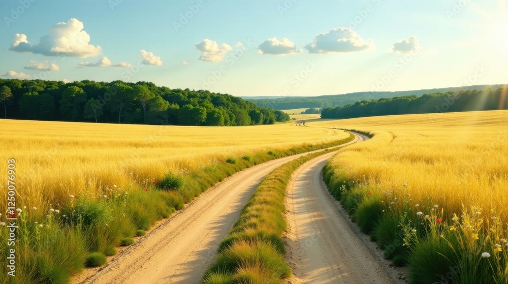 Golden Wheat Field Pathway A Serene Rural Landscape with a Winding Dirt Road Golden Wheat Field Pathway A Serene Rural Landscape with a Winding Dirt Road